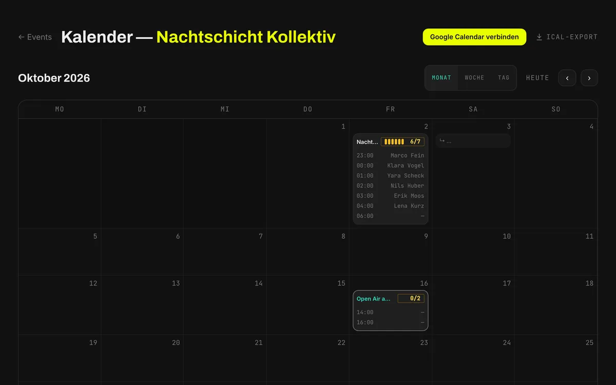 Der Monatskalender eines Veranstalters mit den Events des Monats