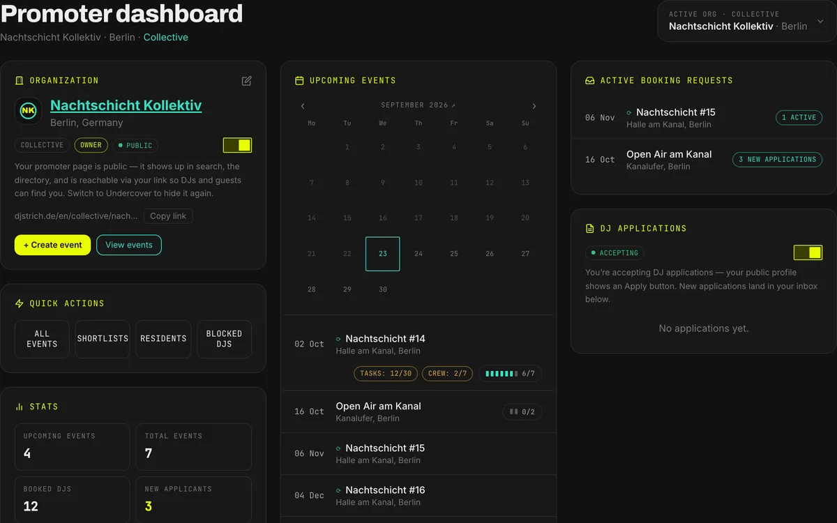 The promoter dashboard with the upcoming events and their status chips