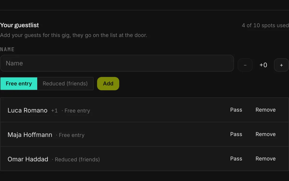 The guestlist of one DJ inside their booking, with three guests