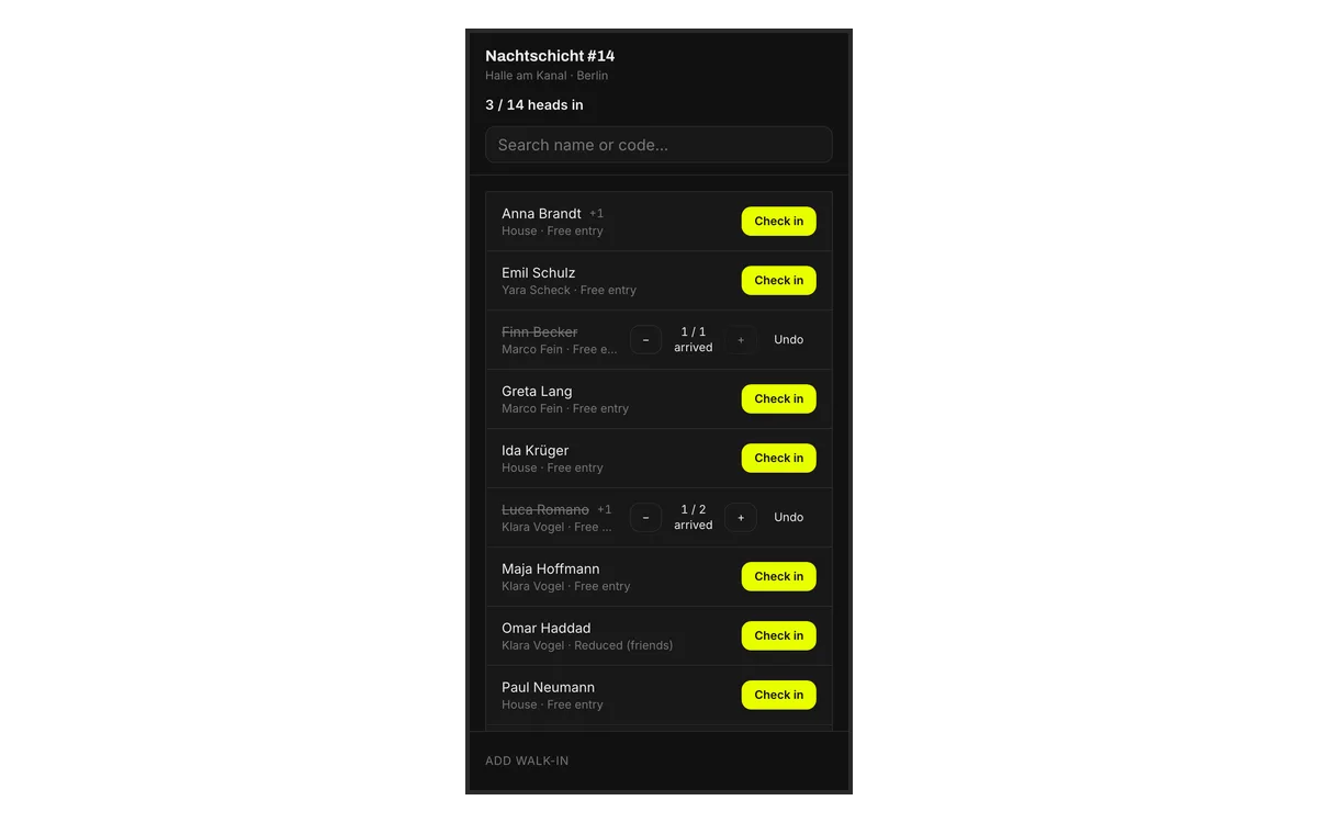 The door check-in page on a phone, with the guest list and the head count