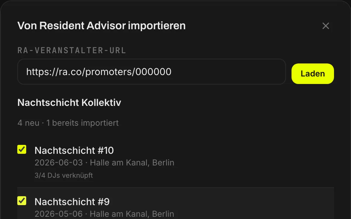 Der Import-Dialog für Resident Advisor