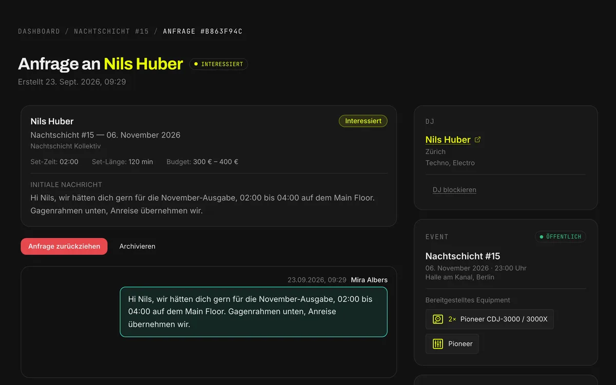 Ein Booking-Verlauf mit seinem Status