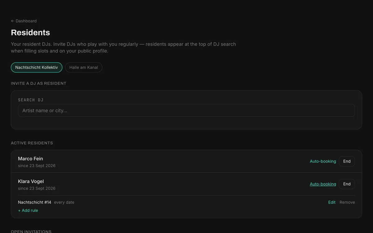 The residents page with the auto-booking rule of one resident